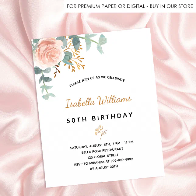 BUDGET Birthday rose floral eucalyptus invitation | Zazzle