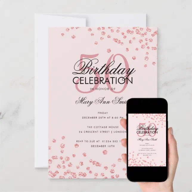 Budget Birthday Rose Gold Blush Glitter Confetti Invitation Zazzle