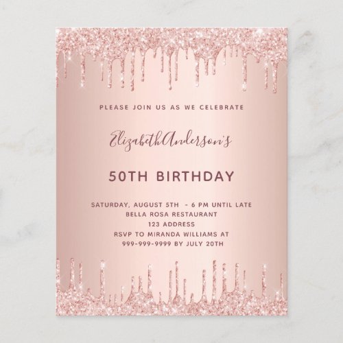 BUDGET birthday rose gold glitter blush invitation