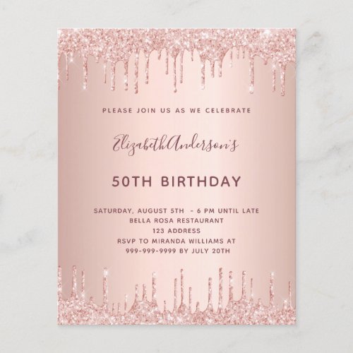 BUDGET birthday rose gold glitter blush invitation