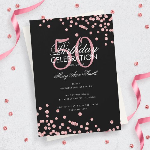 Budget Birthday Rose Gold Glitter Confetti Black Invitation