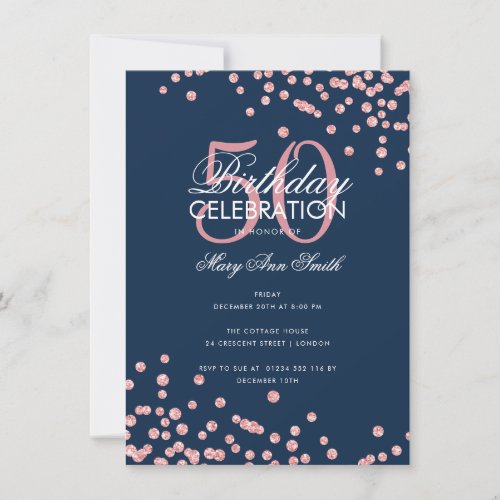 Budget Birthday Rose Gold Glitter Confetti Navy  Invitation