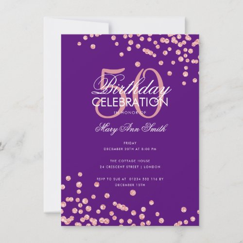 Budget Birthday Rose Gold Glitter Confetti Purple  Invitation