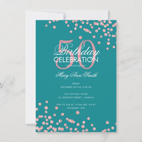 Budget Birthday Rose Gold Glitter Confetti Teal  Invitation