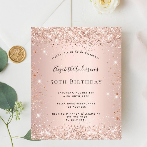 Budget birthday rose gold glitter invitation