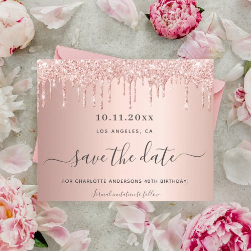 Budget birthday rose gold glitter save the date