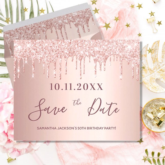 Budget Birthday rose gold glitter save the date