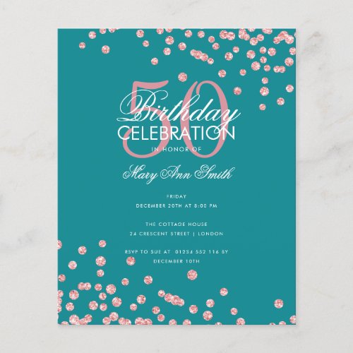 Budget Birthday Rose Gold Glitter Teal  Flyer