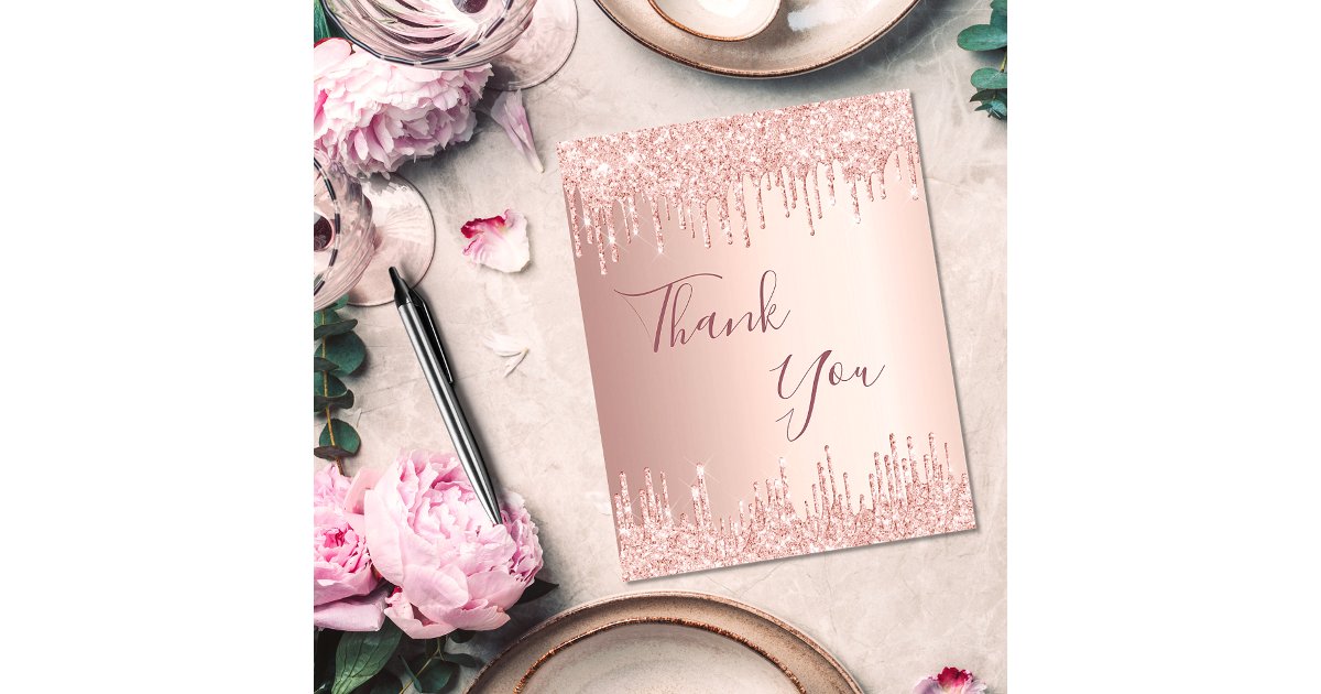 BUDGET Birthday rose gold glitter thank you card | Zazzle