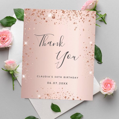 Budget birthday rose gold glitter thank you card