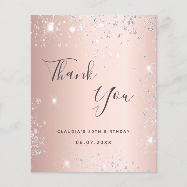 Budget birthday rose gold silver glitter thank you (Front)