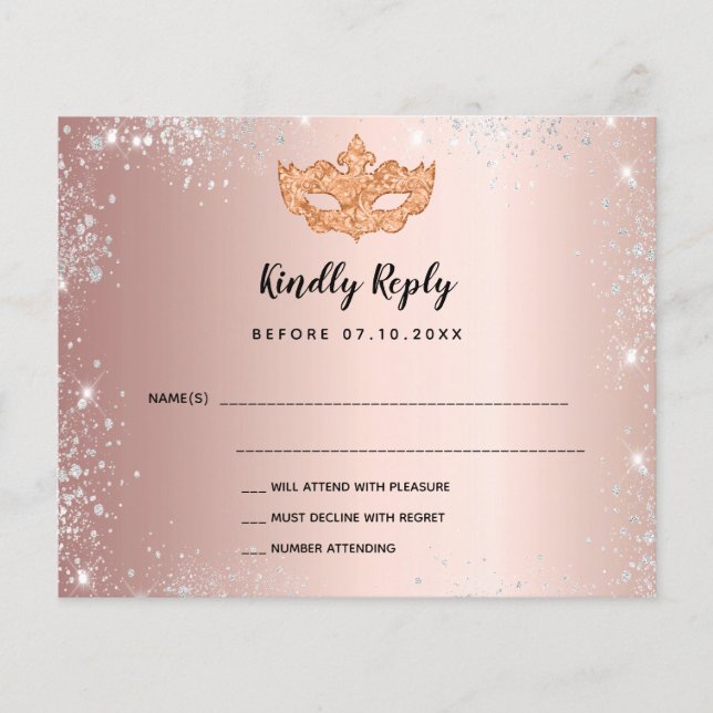Budget birthday rose gold silver masquerade RSVP (Front)