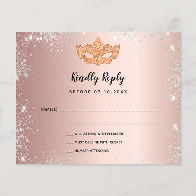 Budget birthday rose gold silver masquerade RSVP (Front)
