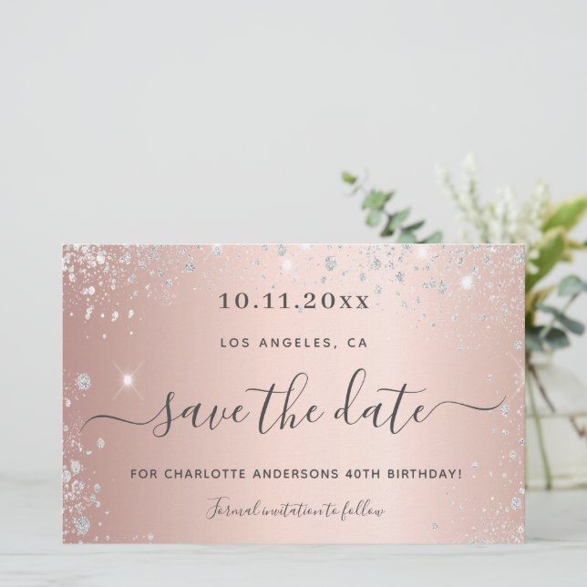 Budget birthday rose gold silver save the date (Standing Front)