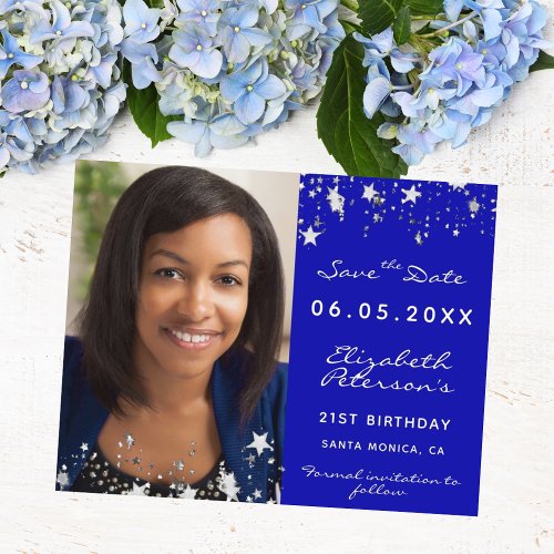 Budget birthday royal blue photo Save the Date