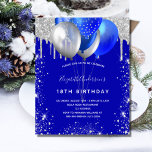 Budget birthday royal blue silver invitation<br><div class="desc">A royal blue background. Decorated with faux silver glitter drips paint dripping look,  sparkles and balloons. Personalize and add a name and party details. The name is written with a hand lettered style script.</div>