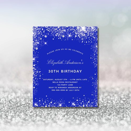 Budget birthday royal blue silver invitation