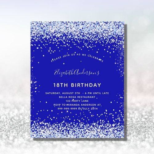 Budget birthday royal blue white invitation