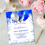 Budget birthday royal blue white invitation<br><div class="desc">A white background. Decorated with royal blue faux glitter drips paint dripping look,  sparkles. Royal blue and faux silver balloons. Personalize and add a name and party details. The name is written with a hand lettered style script.</div>
