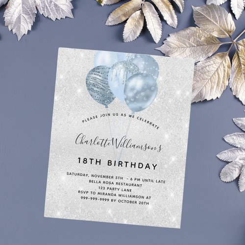 Budget birthday silver blue glitter invitation