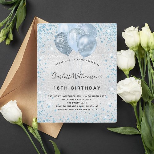 Budget birthday silver blue glitter invitation