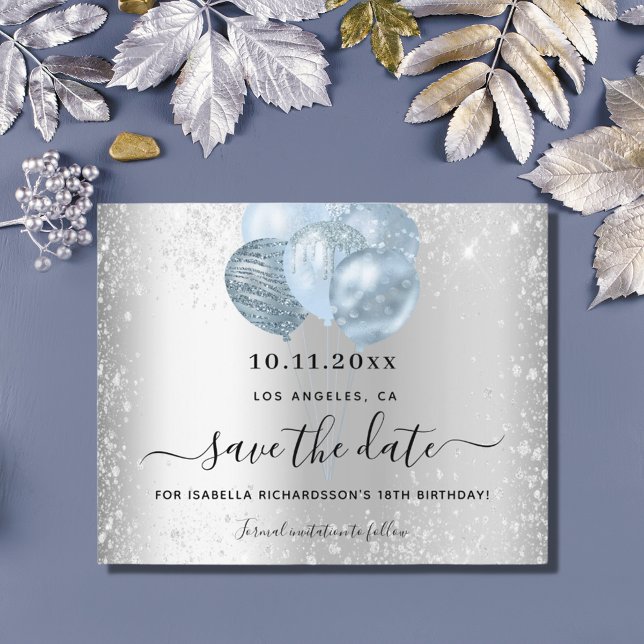 Budget birthday silver blue glitter save the date (Creator Uploaded)