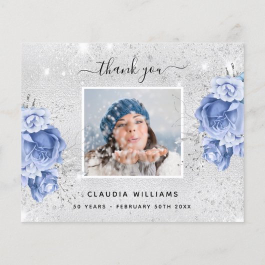 Budget birthday silver blue photo thank you (Back)