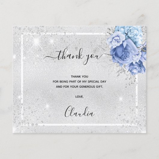 Budget birthday silver blue photo thank you (Front)