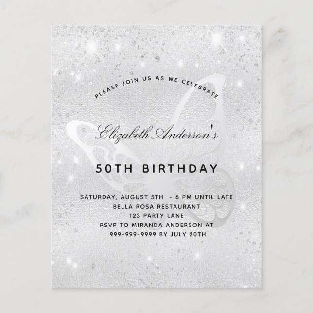 Budget birthday silver butterfly invitation (Front)