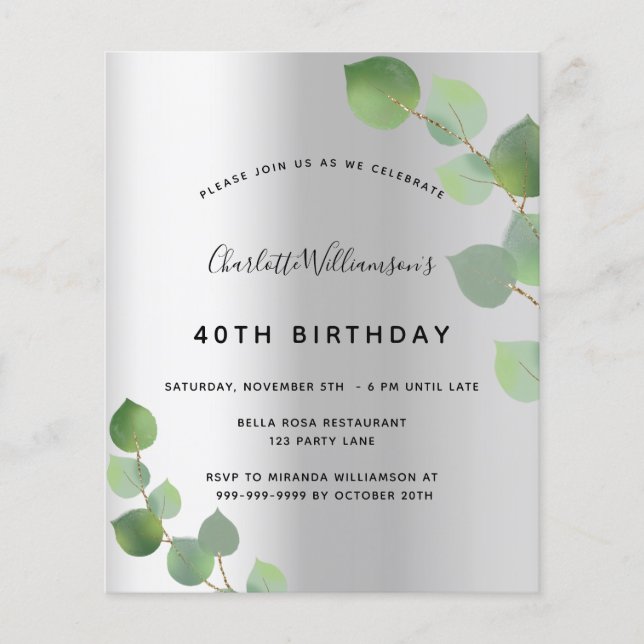 Budget birthday silver eucalyptus invitation (Front)