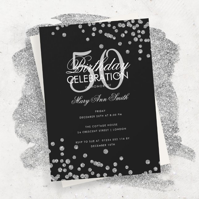 Budget Birthday Silver Glitter Confetti Black Invitation (Creator Uploaded)