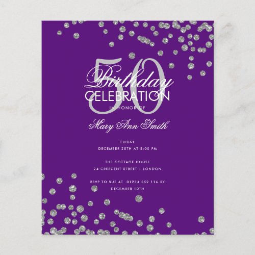 Budget Birthday Silver Glitter Confetti Purple  Flyer