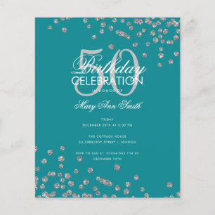 Budget Birthday Silver Glitter Confetti Teal Flyer