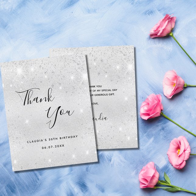 Budget birthday silver glitter dust thank you card (Creator Uploaded)