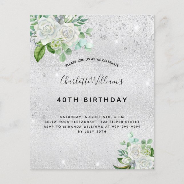Budget birthday silver glitter floral greenery (Front)