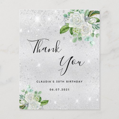 Budget birthday silver glitter floral thank you