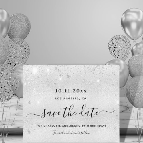 Budget birthday silver glitter save the date 