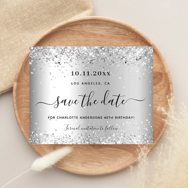 Budget birthday silver glitter save the date