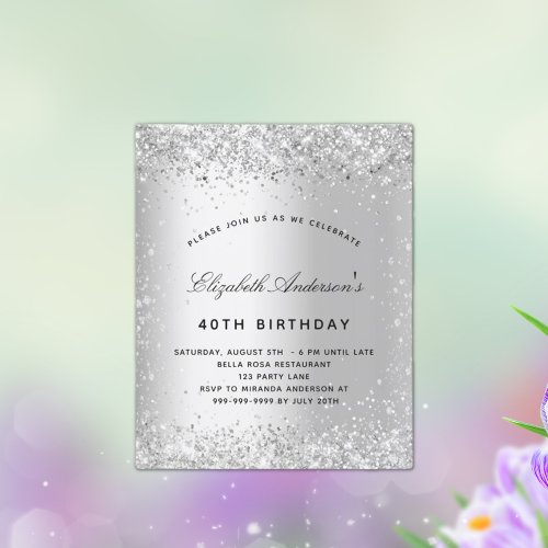 Budget birthday silver glitter sparkles invitation
