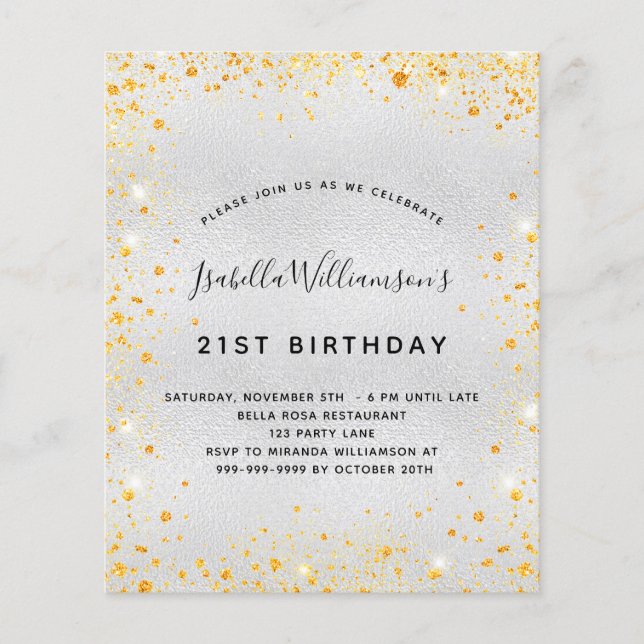 Budget birthday silver gold glitter invitation (Front)