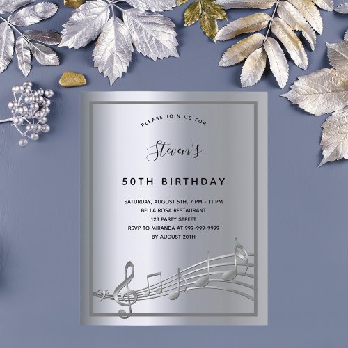 Budget birthday silver music notes invitation