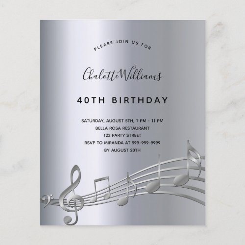 Budget birthday silver music notes invitation