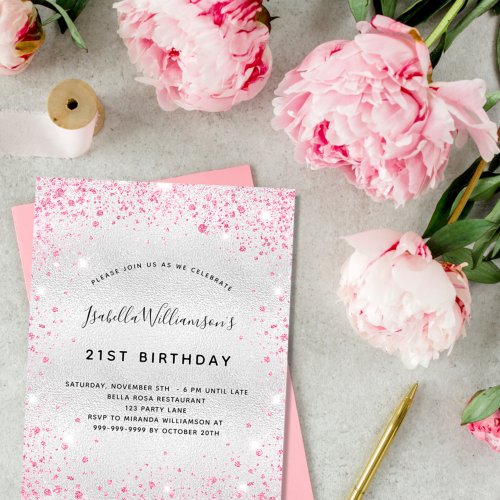 Budget birthday silver pink glitter invitation