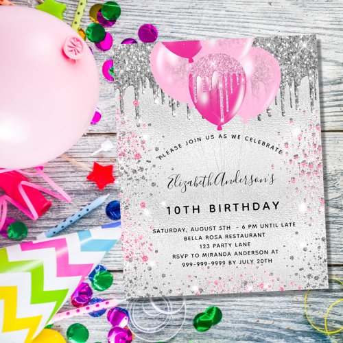 Budget birthday  silver pink glitter invitation