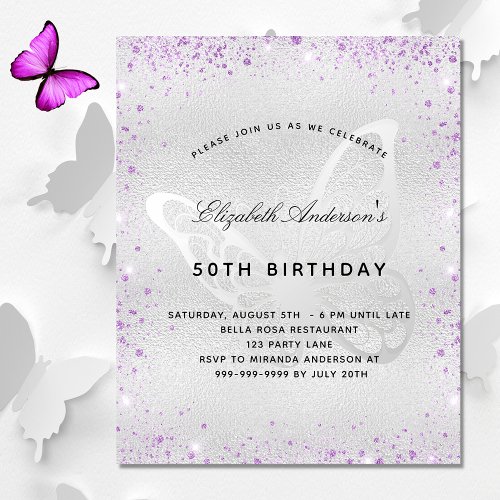 Budget birthday silver purple butterfly invitation
