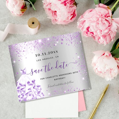 Budget birthday silver purple dress save the date