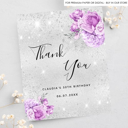 Budget birthday silver purple florals thank you