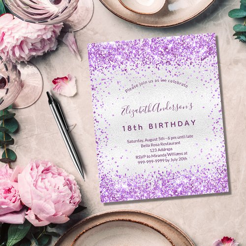 Budget birthday silver purple glitter invitation