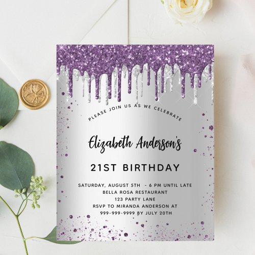 Budget birthday silver purple glitter invitation
