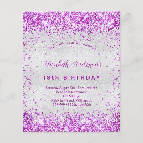 Budget birthday silver purple pink invitation